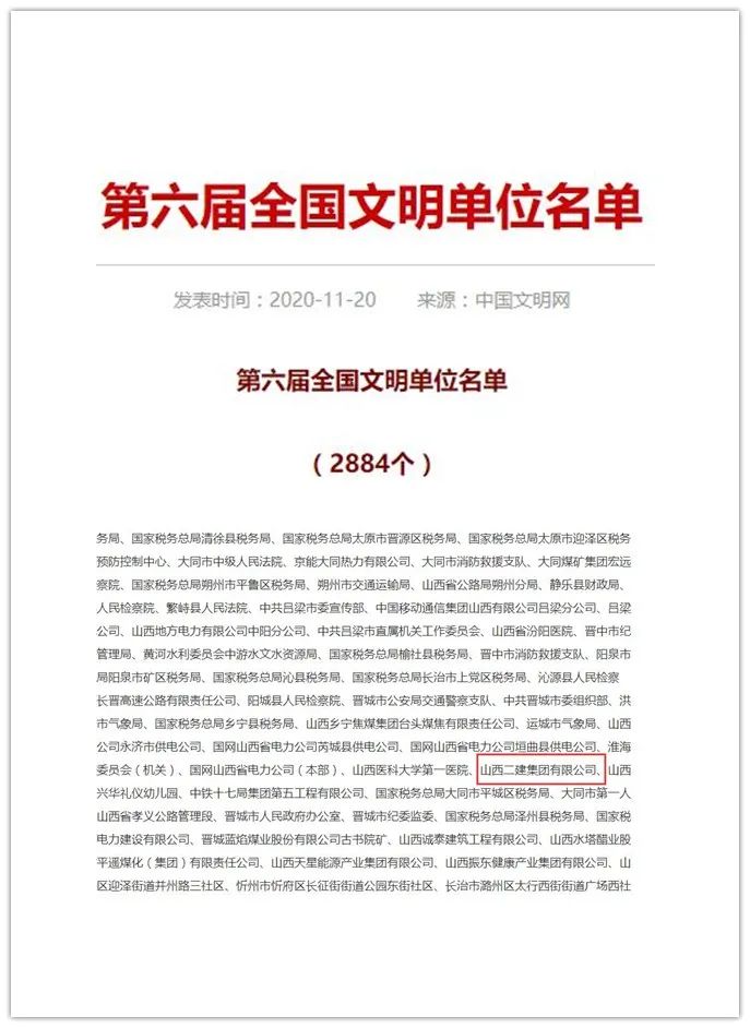 山西建投二建集團(tuán)榮獲第六屆“全國(guó)文明單位”