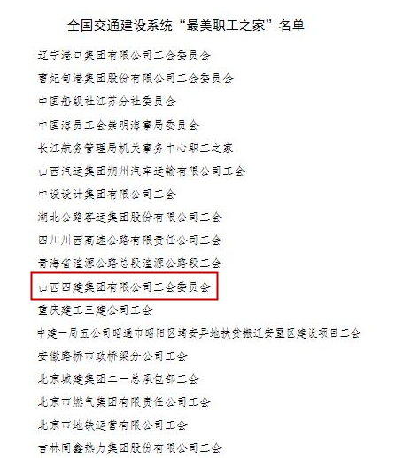 山西建投四建集團工會榮獲全國交通建設(shè)系統(tǒng)“最美職工之家”稱號